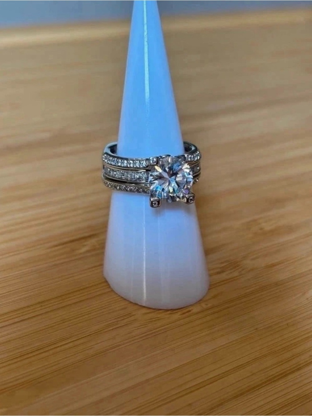 10K White Gold Solitaire Engagement Ring with Silver Tone Guard Bands
